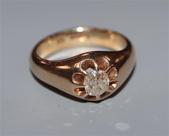 A 9ct gold and claw set solitaire diamond ring, size R.